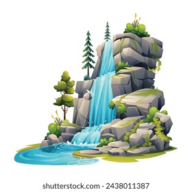 Jungle waterfall cascade illustration. Vector cartoon isolated on white background