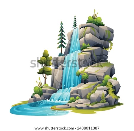 Jungle waterfall cascade illustration. Vector cartoon isolated on white background
