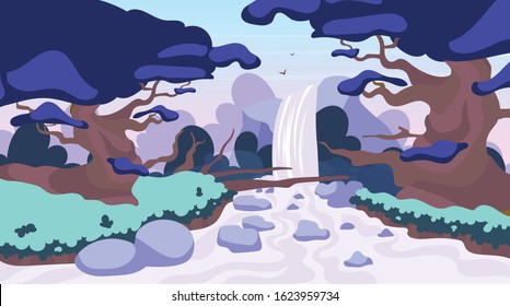 Jungle waterfall flat vector illustration. Fantasy mystical fauna. Tropical forest landscape. Panoramic scene with trees and river stream. Exotic land. Amazon waterfall. Rainforest cartoon background