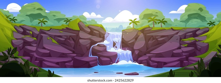 Paisaje de cascada de selva. Ilustración vectorial de dibujos animados de río que cae por la cascada de piedra de montaña, paisaje tropical exótico, palmeras y plantas, hierba verde en la colina, cielo azul soleado con nubes