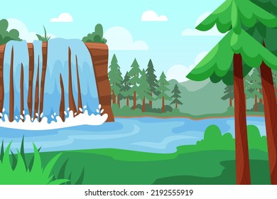 Dschungelwasserfall. Der schneebedeckte Fluss in den Bergen. Wasser fällt im See. Bachlauf. Waldlandschaft. Fantasy-Panorama. Grasfeld. Die wilde Natur. Sommerlandschaft. Vektorgrafik-Hintergrund