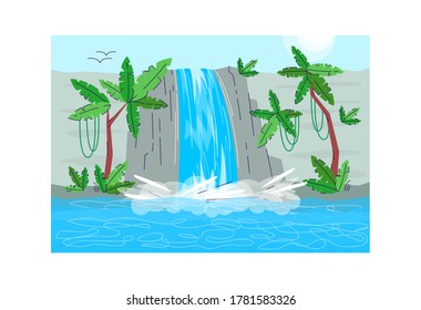 Jungle waterfall semi flat vector illustration. Falling water from mountain. Lake in paradise. Scenic nature. Waterdrop on rock. Rain forest water stream 2D cartoon landscape for commercial use