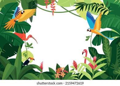 Jungle white colored composition parrots flying in the jungle on white background vector illustration