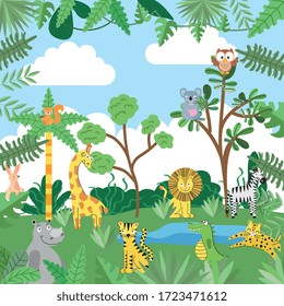 jungle with wild animals cartoons between nature. vector illustration
