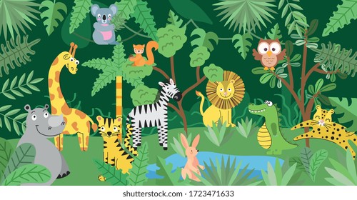 Jungle With Wild Animals Cartoons Between Leaves. Vector Illustration