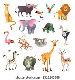 Jungle wild animals. Savannah forest animal bird safari nature africa tropical exotic forest marine mammals, cartoon vector set