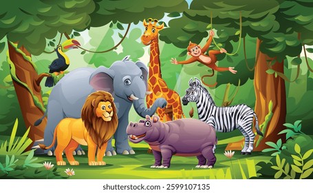 Jungle wild animals scene with lion, elephant, giraffe, and monkey, surrounded by trees. Vector cartoon illustration