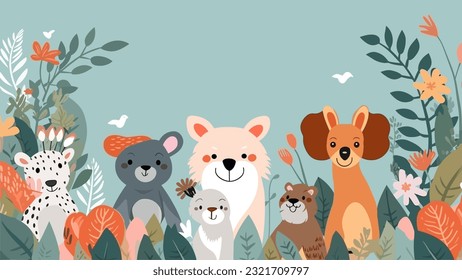 Jungle wildlife animals cartoon for book cover, e-book cover, reading book, writing book and sketch drawing book wallpaper background vector illustration