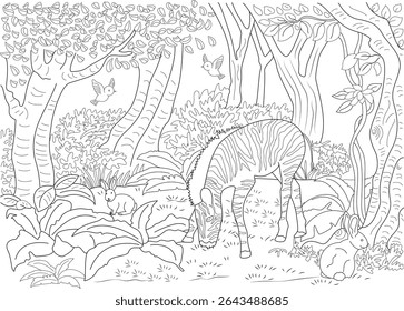 Jungle Wildlife Coloring Page, ilustração de arte em linha de uma zebra pastando em um ambiente exuberante de selva com coelhos e pássaros, perfeito para colorir atividades do livro.