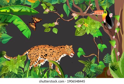 Jungle wildlife illustration. jaguar. toucan. in the jungle. tropical plants and animals, vector