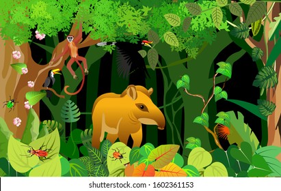 Jungle and wildlife illustration with tapir on jungle wood vintage background. Tropical floral frame with night sky. Design template