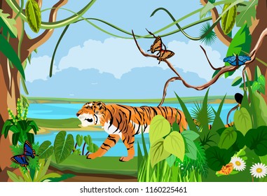 Jungle wildlife nature landscape background scene, vector illustration, tiger, butterflies