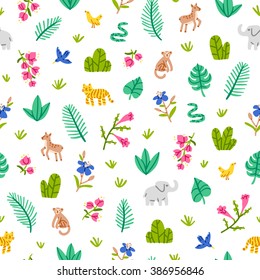 Jungle wildlife seamless pattern on white background