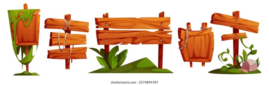 Jungle wood sign boards set isolated on white. Vector cartoon illustration of old wooden plaques with stone, grass and liana vines, welcome banner, game menu frame, direction indicator, gui nameplate