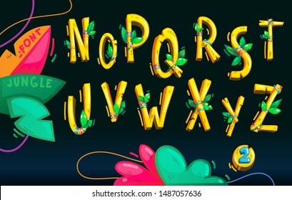 Jungle Wood Yellow Font Set On The Dark Background. Cartoon Kids Vector Illustration