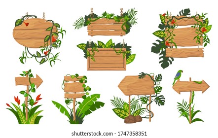 Jungle wooden boards flat icon set. Cartoon game pointers and info labels with tropical lianas and plants isolated vector illustration collection. Wood panels and information tables concept