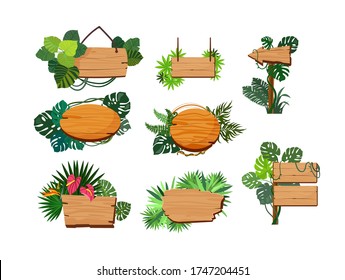 Jungle wooden boards set. Signpost panels with green tropical leaves, pointers and signs with copy space for text. Vector illustration for realistic online game templates, vacation or tourism concepts