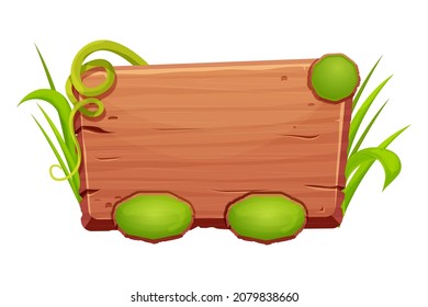 Jungle wooden frame with grass and liana, user interface, menu board in comic cartoon style isolated on white background.