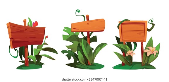 Jungle wooden sign board with plants and flowers. Cartoon vector illustration of signpost or text banner made of wood and surrounded by green grass. Tropical frames and panels for label writing.