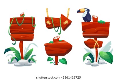 Jungle wooden sign board with toucan and stones, green grass and liana vines. Cartoon tropical forest wood frames and banners for signage and title text. Blank game signboards and arrow with plants.