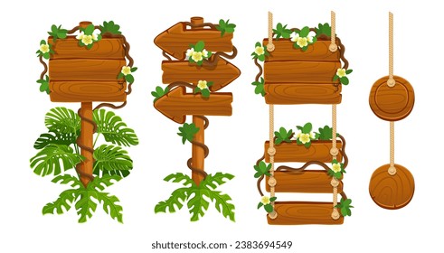  Jungle wooden signs set. Wooden signs with tropical plants, palms and leaves isolated on white background. Rustic board. Vector cartoon illustration. 