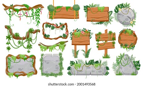 Jungle wooden and stone signs. Tropical game ui elements, signboards, panels, frames, borders and buttons with lianas and leaves vector set. Illustration jungle signboard with liana, wood plank