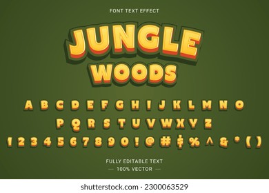 Efecto 3D de estilo de fuente diverso de texto de bosque de jungla. Conjunto completo de alfabeto, número y símbolo. Mobile Game y Fun Zone en la plataforma ecommerce.