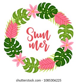 Jungle wreath with monstera, flowers and palm leaves on white background. Perfect for summer invitation and holiday greeting cards.