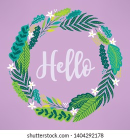 Jungle wreath with palm leaves and plumeria. Perfect for summer greeting cards, seasonal holidays, invitations