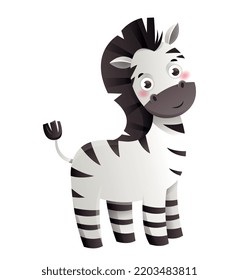 Dschungelzebrasymbol. Aufkleber für Messenger, grafisches Element für Website. Zoo, Wild und Säugetier. Freundlicher Charakter, Glück. Kinderspielzeug oder Maskottchen putzen. Cartoon-Flavektor-Vektorgrafik