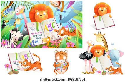 Jungle zoo animals in tropical forest studying to read book and write. Collection of kids cartoon animals at school. Vector cartoon illustration in watercolor style.