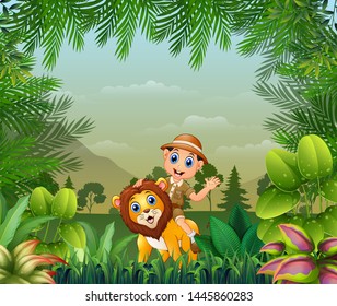 Jungle or zoo background with zookeeper and lion
