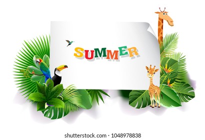 Jungle or Zoo Themed Animal Background. Field of fresh green grass palm, flower, Humming Birds are flying.