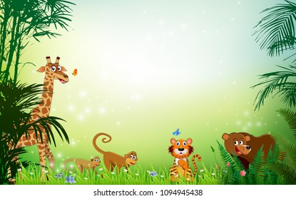 Jungle or Zoo Themed Animal Background. Field of fresh green grass palm, flower, Humming Birds are flying.