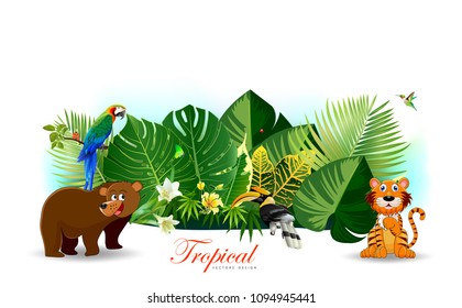 Jungle or Zoo Themed Animal Background. Field of fresh green grass palm, flower, Humming Birds are flying.