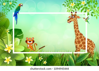 Jungle or Zoo Themed Animal Background. Field of fresh green grass palm, flower, Humming Birds are flying.