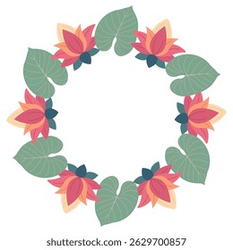 Moldura redonda inspirada na selva com folhas tropicais e lótus. Perfeito para convites, capas, banners e cartões de felicitações. Projeto de planta tropical vetorial