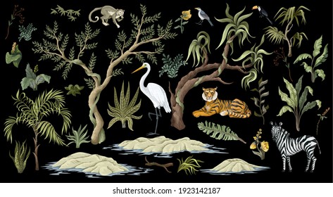 Jungles trees and animals isolated. Trendy tropical print.