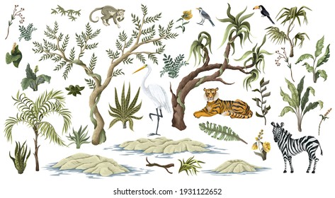 Jungles Trees And Animals Isolated. Trendy Tropical Print.