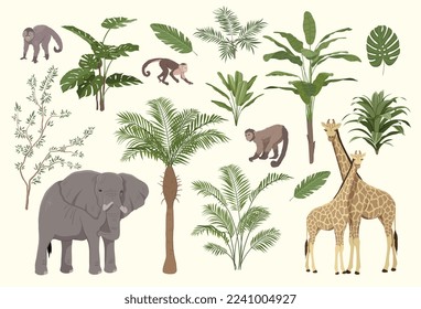 Árboles de selvas y animales. Colección de elementos gráficos para el sitio web. Flora y fauna africanas, jungla. Elefante, mono y jirafa. Ilustraciones de caricaturas de vectores planos aisladas en fondo blanco