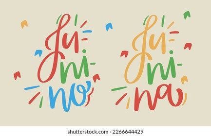 Junina e Junino. June expression in brazilian portuguese. Modern hand Lettering. vector.