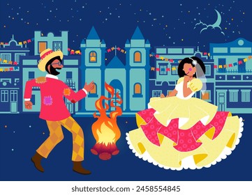 Junina Folk and Country Festivities: Brazilian Rural Traditions - A couple in typical country attire dancing in front of a bonfire - bride