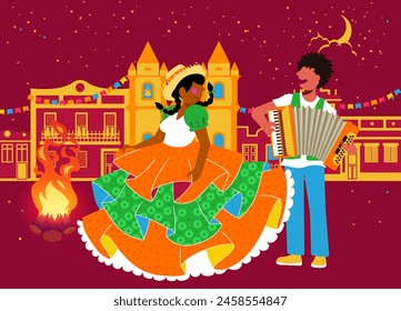 Junina Folk and Country Festivities: Brazilian Rural Traditions - A girl dancing in front of a bonfire for an accordion player