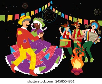 Junina Folk and Country Festivities: Brazilian Rural Traditions - A country couple dancing while a trio of musicians plays