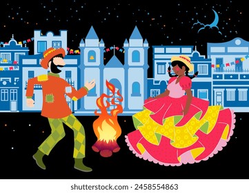 Junina Folk and Country Festivities: Brazilian Rural Traditions - A couple in typical country attire dancing in front of a bonfire - bride