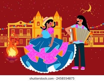 Junina Folk and Country Festivities: Brazilian Rural Traditions - A girl dancing in front of a bonfire for an accordion player