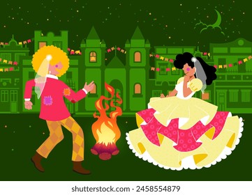 Junina Folk and Country Festivities: Brazilian Rural Traditions - A couple of women in typical country attire dancing in front of a bonfire.