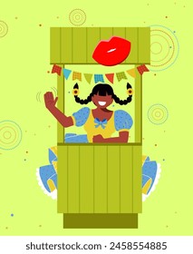 Junina Folk and Country Festivities: Brazilian Rural Traditions - A pretty girl selling kisses at the kissing booth