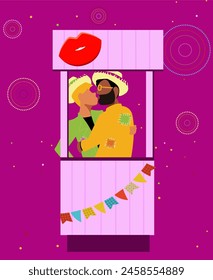 Junina Folk and Country Festivities: Brazilian Rural Traditions - A gay or queer couple kissing at the kissing booth