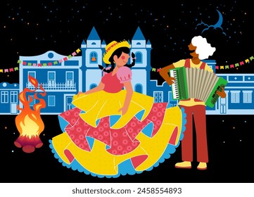 Junina Folk and Country Festivities: Brazilian Rural Traditions - A girl dancing in front of a bonfire for an accordion player